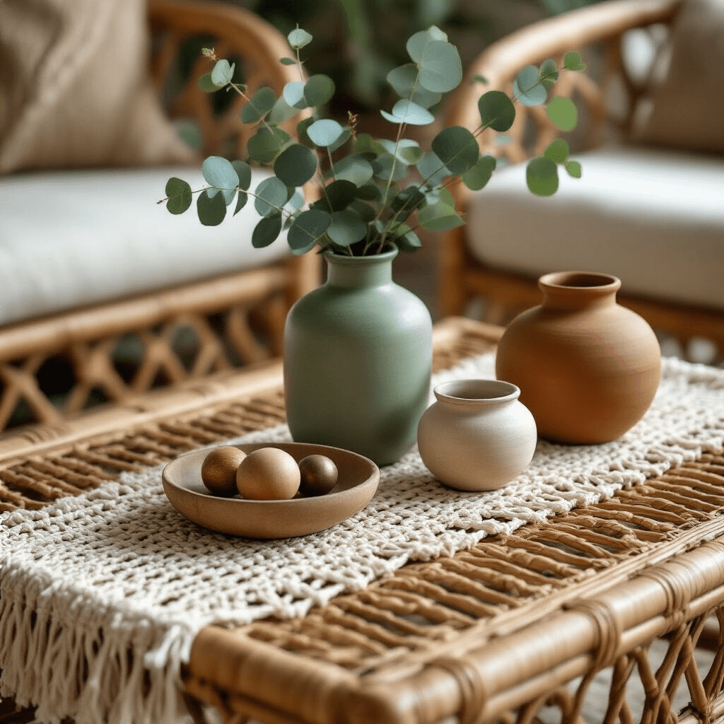How to Choose the Perfect Trendy Coffee Table That'll Make Your Living Room Pop Close-up detail of a boho-luxe rattan coffee table styled with a macrame runner, ceramic vessels, eucalyptus branches, wooden spheres, and brass accents, set on a vintage kilim rug with rust velvet floor cushions, illuminated by soft candlelight.