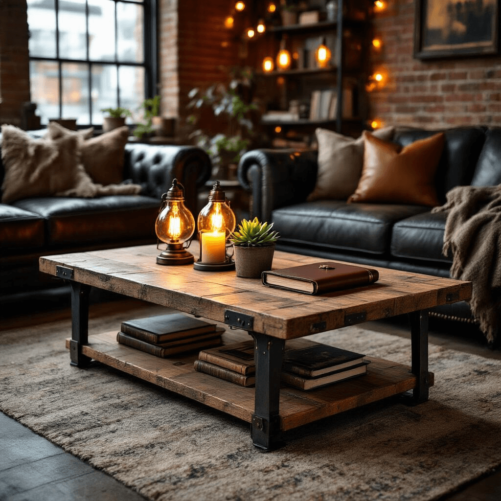 How to Choose the Perfect Trendy Coffee Table That'll Make Your Living Room Pop High-angle view of a cozy industrial chic coffee table setup with warm amber lighting, featuring a reclaimed pine table, Edison bulb lanterns, a leather-bound journal, a succulent garden, and vintage brass bookends, set against exposed brick walls and a charcoal leather sofa.