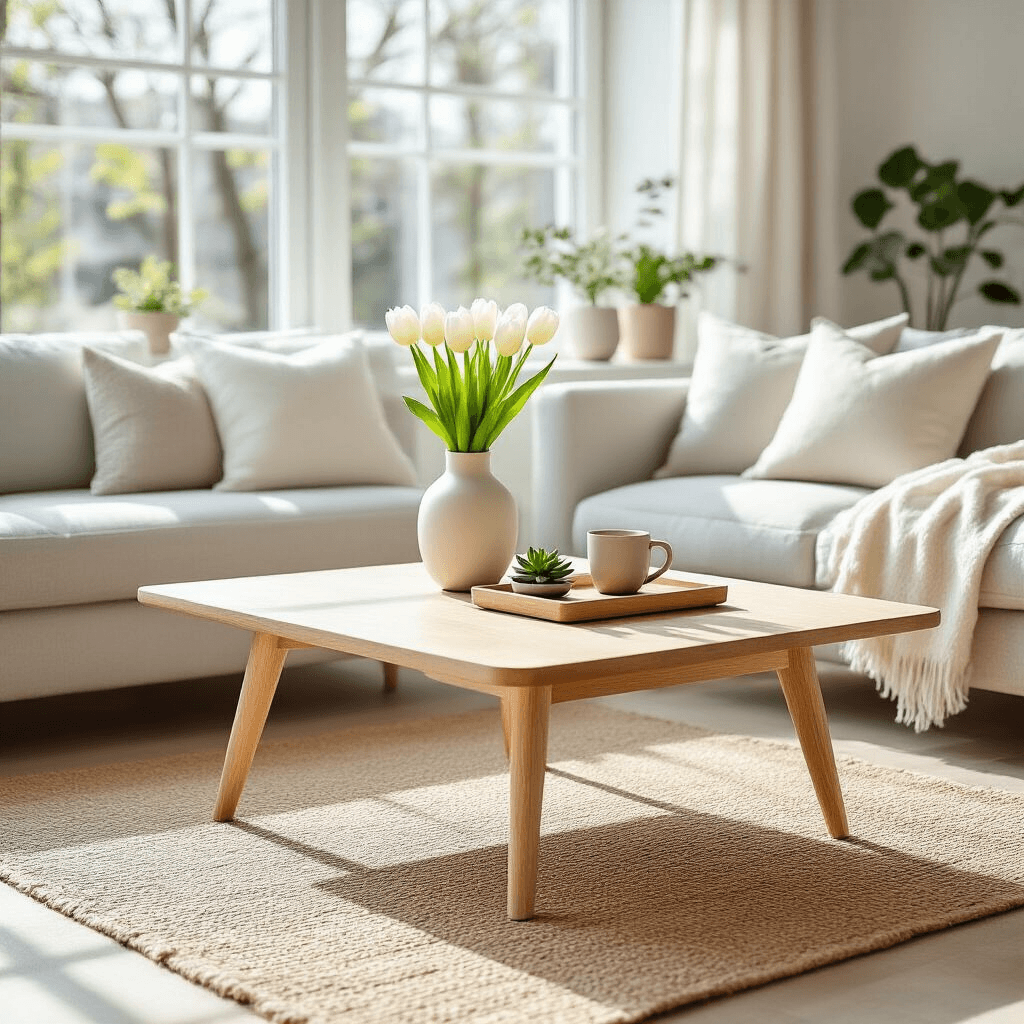 How to Choose the Perfect Trendy Coffee Table That'll Make Your Living Room Pop Wide-angle lifestyle shot of a Scandinavian modern coffee table arrangement, featuring a blonde oak table, white ceramic vase with tulips, geometric wooden tray with a coffee cup and succulent, and a Danish design book, set in a bright space with light gray sofa and whitewashed walls, emphasizing a fresh, airy atmosphere and natural textures.