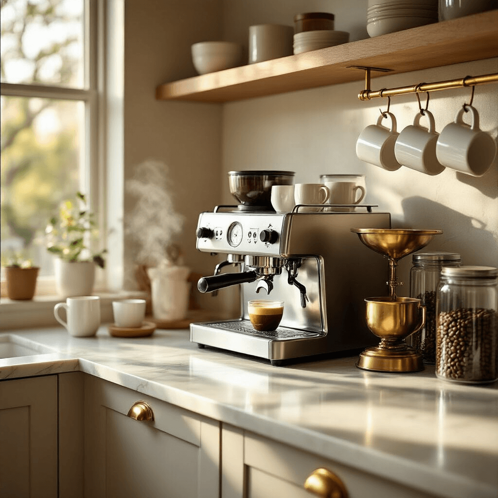 Transform Your Kitchen Corner Into the Ultimate Coffee Haven Wide-angle shot of a modern kitchen coffee station with marble countertop, espresso machine, glass containers of coffee beans, vintage brass scale, and white mugs on gold hooks, illuminated by soft morning sunlight and under-cabinet LED lighting.
