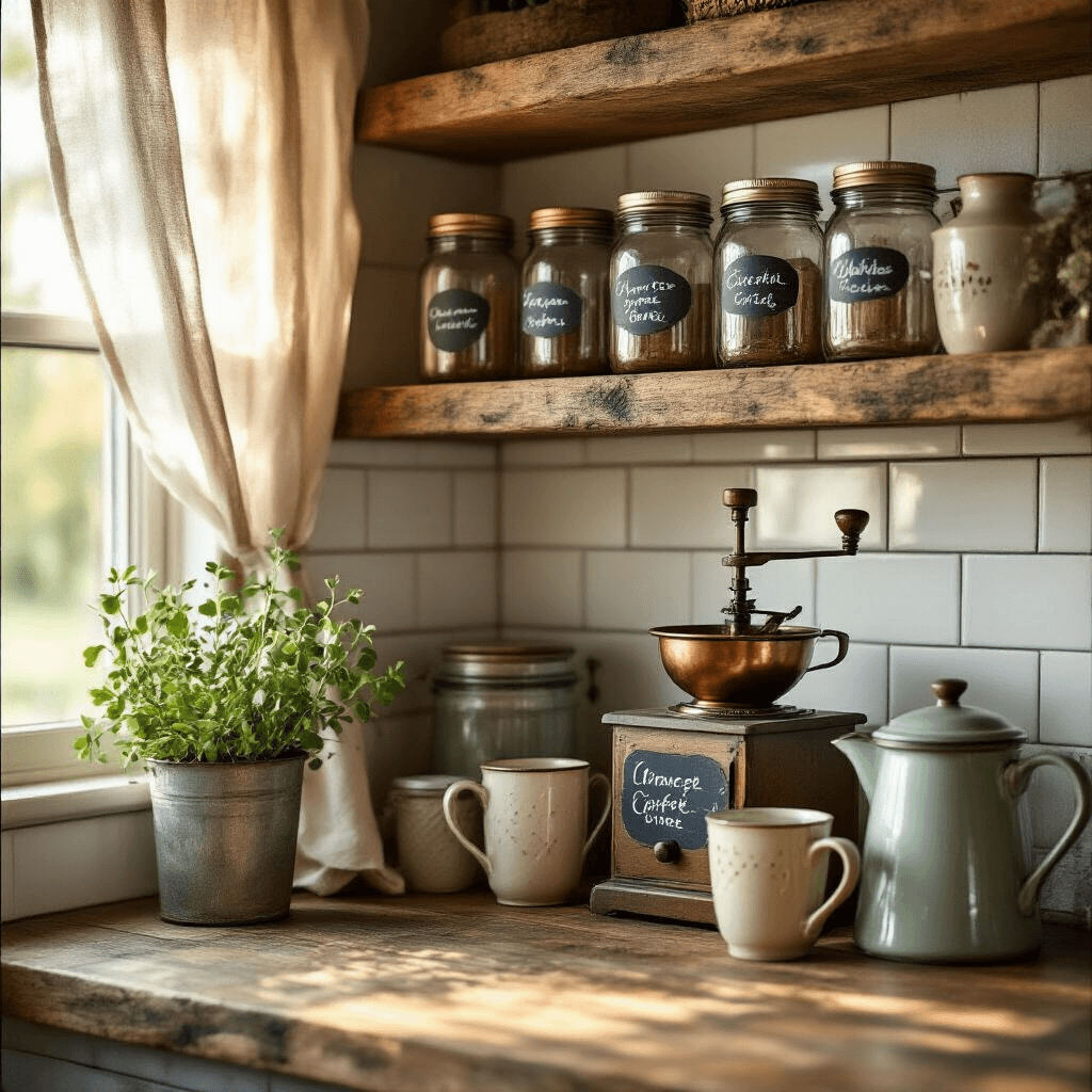 Transform Your Kitchen Corner Into the Ultimate Coffee Haven Close-up of a rustic farmhouse coffee corner during golden hour, featuring reclaimed wood shelving, mason jar storage with chalkboard labels, a vintage copper coffee grinder, and galvanized metal accessories, illuminated by warm sunlight filtering through sheer linen curtains.
