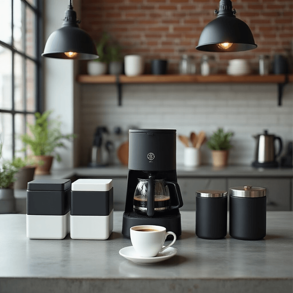 Transform Your Kitchen Corner Into the Ultimate Coffee Haven Overhead view of a minimalist coffee corner on a concrete countertop featuring a matte black coffee maker, black and white geometric storage containers, and sleek stainless steel accessories, all in symmetry. A white porcelain cup with fresh coffee serves as the focal point, surrounded by dramatic moody lighting and industrial pendant lamps, against a backdrop of exposed brick walls and modern cabinetry.