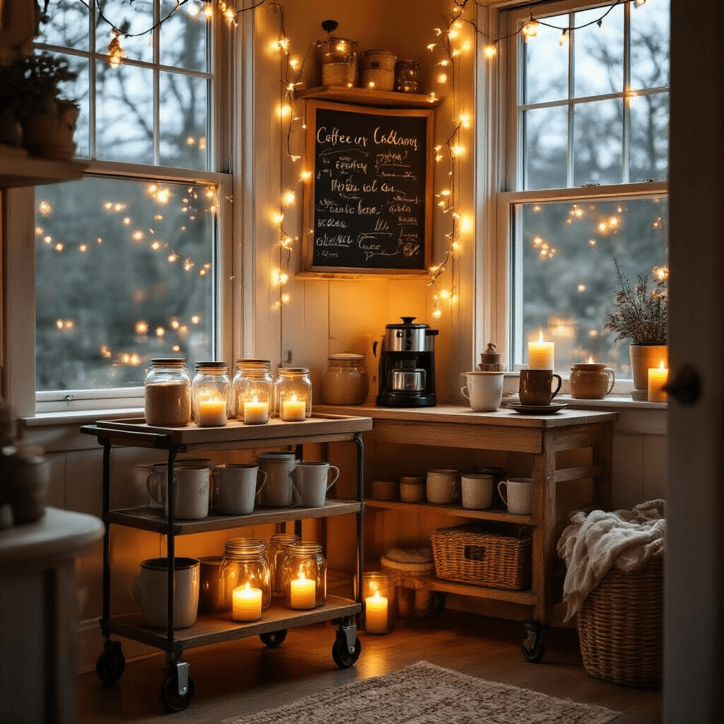 Transform Your Kitchen Corner Into the Ultimate Coffee Haven Cozy kitchen coffee nook with a wooden cart, vintage mason jars, handmade pottery mugs, and warm candlelight, accented by fairy lights and a chalkboard sign, creating an inviting atmosphere.