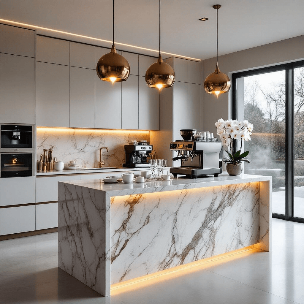 Transform Your Kitchen Corner Into the Ultimate Coffee Haven Wide shot of a luxury coffee station in a contemporary kitchen featuring a waterfall marble island with integrated coffee equipment, illuminated by pendant lighting and natural light, showcasing stainless steel appliances, white and grey marble surfaces, and elegant decor including crystal glassware and fresh orchids.