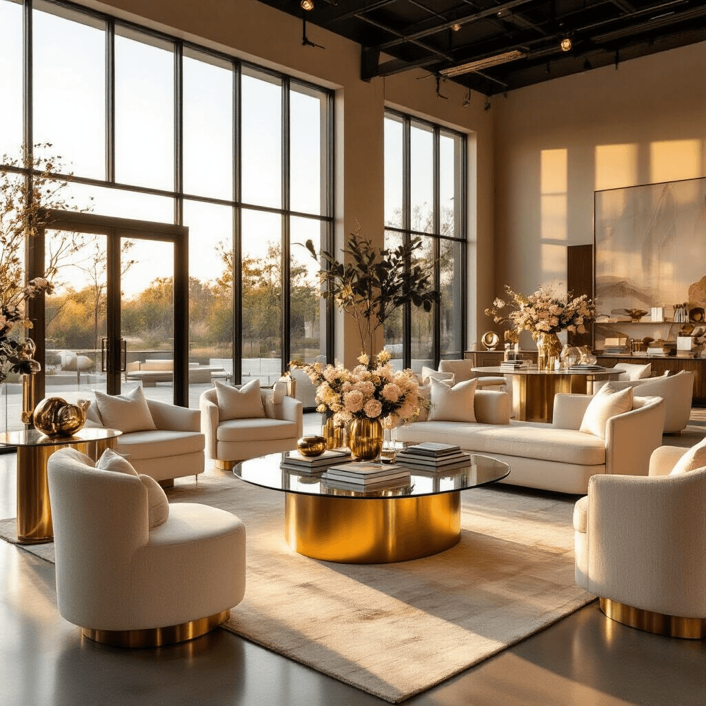 Contemporary Coffee Tables: Your Complete Guide to Finding the Perfect Modern Centerpiece Wide-angle view of an elegant modern living room during golden hour, featuring a glass and brass coffee table, floor-to-ceiling windows, and stylish furniture, with warm natural light casting a glow over contemporary decor and soft blush florals.