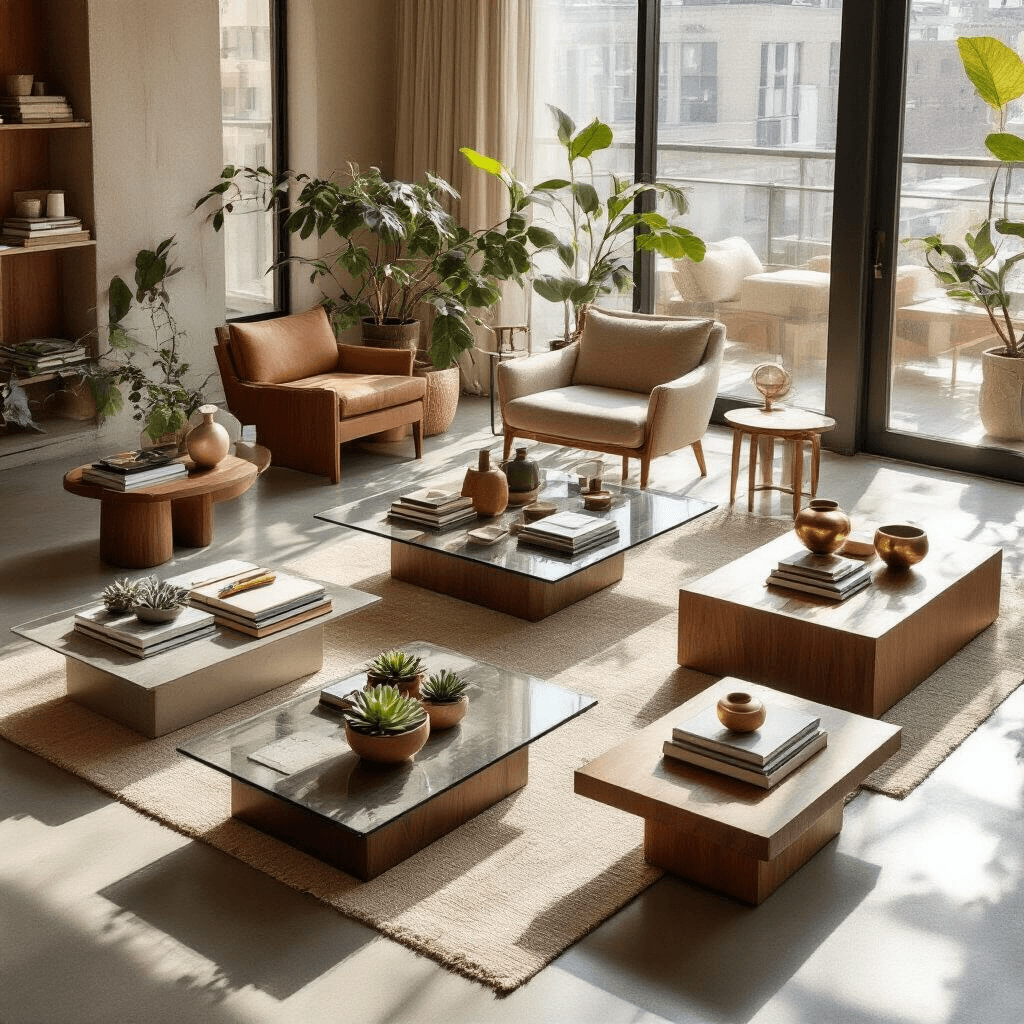 Contemporary Coffee Tables: Your Complete Guide to Finding the Perfect Modern Centerpiece Overhead flat lay of a contemporary furniture styling workshop in a modern apartment, featuring multiple coffee table vignettes with materials like glass, walnut, and steel. There are succulent plants, design books, brass objects, and a color palette of terracotta and sage green, complemented by workshop materials and gift bags for design inspiration.