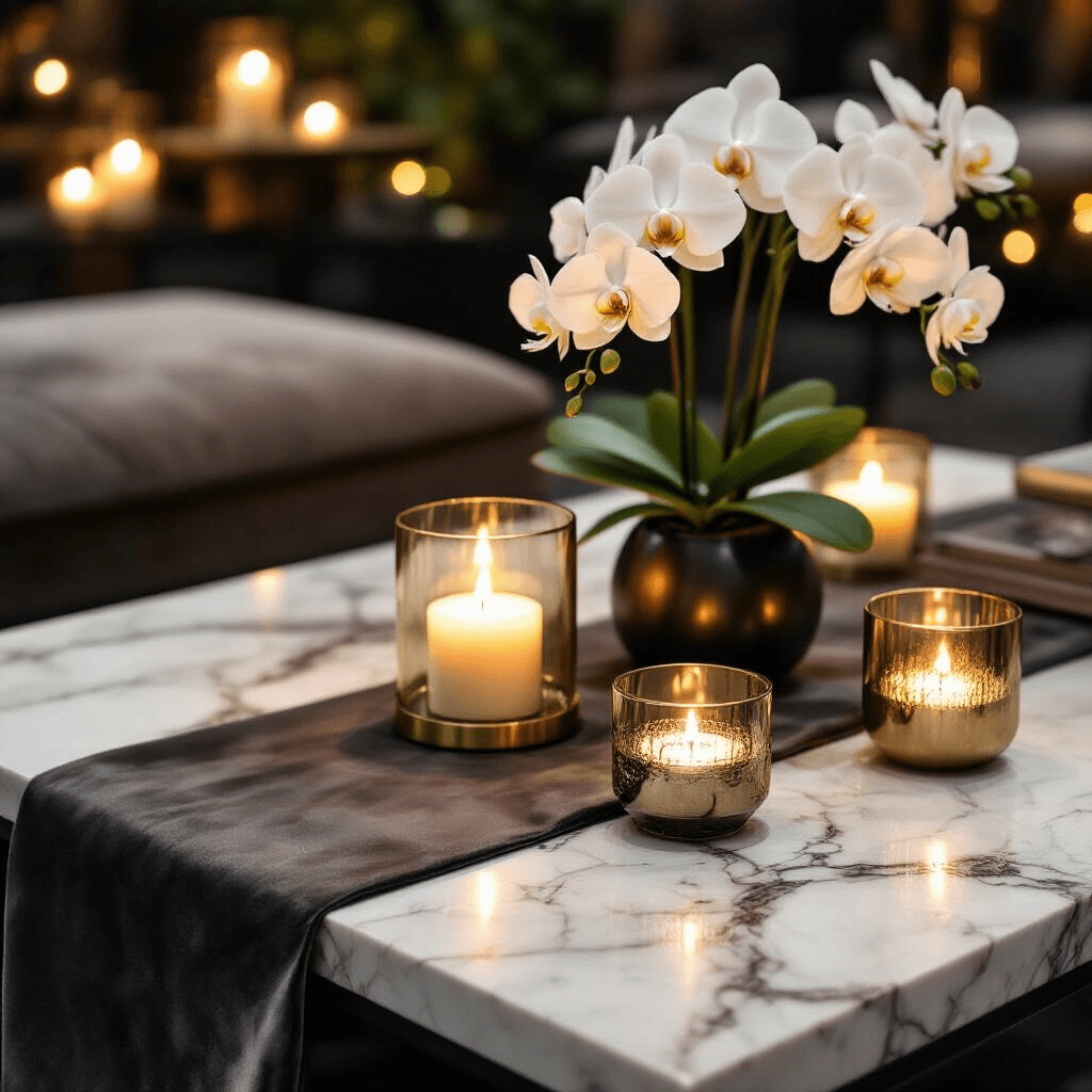 Contemporary Coffee Tables: Your Complete Guide to Finding the Perfect Modern Centerpiece Close-up of an upscale contemporary design exhibition featuring a coffee table display with marble surfaces, brass accents, silk table runners, and fresh orchids, all illuminated by candlelight and fairy lights in a moody, sophisticated setting.