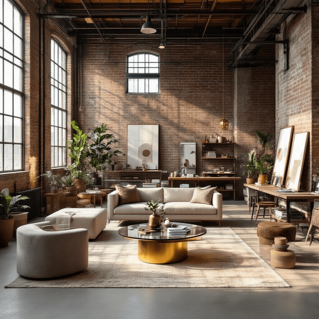 Contemporary Coffee Tables: Your Complete Guide to Finding the Perfect Modern Centerpiece Cinematic interior of a contemporary home design workshop in a converted industrial loft, featuring styling stations with diverse coffee table designs, exposed brick, steel windows, and dramatic natural light.