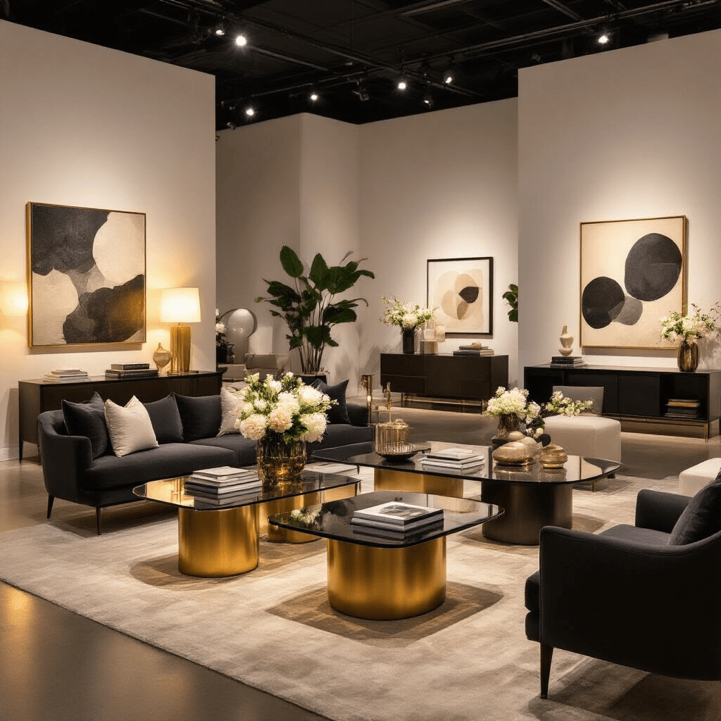 Contemporary Coffee Tables: Your Complete Guide to Finding the Perfect Modern Centerpiece Moody evening scene of an upscale furniture preview event in a gallery, showcasing contemporary coffee tables elegantly styled with silk linens, fresh florals, and designer objects, illuminated by warm golden lights and accentuated by a sophisticated color palette.