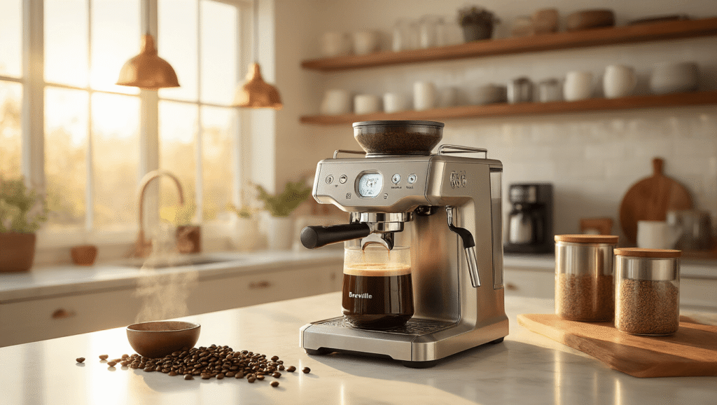 Creating the Perfect Coffee Station: How the Breville Grind Control BDC650BSS Transforms Your Morning Routine Cinematic wide-angle shot of a modern kitchen coffee station showcasing the Breville Grind Control machine on white marble countertops, bathed in warm morning light, with scattered coffee beans, steam from a thermal carafe, walnut accents, and copper pendant lights, creating an inviting atmosphere.