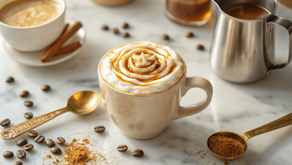 Caramel Cinnamon Cappuccino: The 10-Minute Coffee Shop Drink You Can Make at Home Cinematic overhead view of a cinnamon caramel cappuccino preparation on a white marble countertop, featuring a ceramic mug with golden espresso shots, a stainless steel frothing pitcher with cinnamon-infused milk foam, and amber caramel drizzling, surrounded by coffee beans, brown sugar crystals, and ground cinnamon, with warm morning light and steam rising, evoking an inviting coffee shop aesthetic.