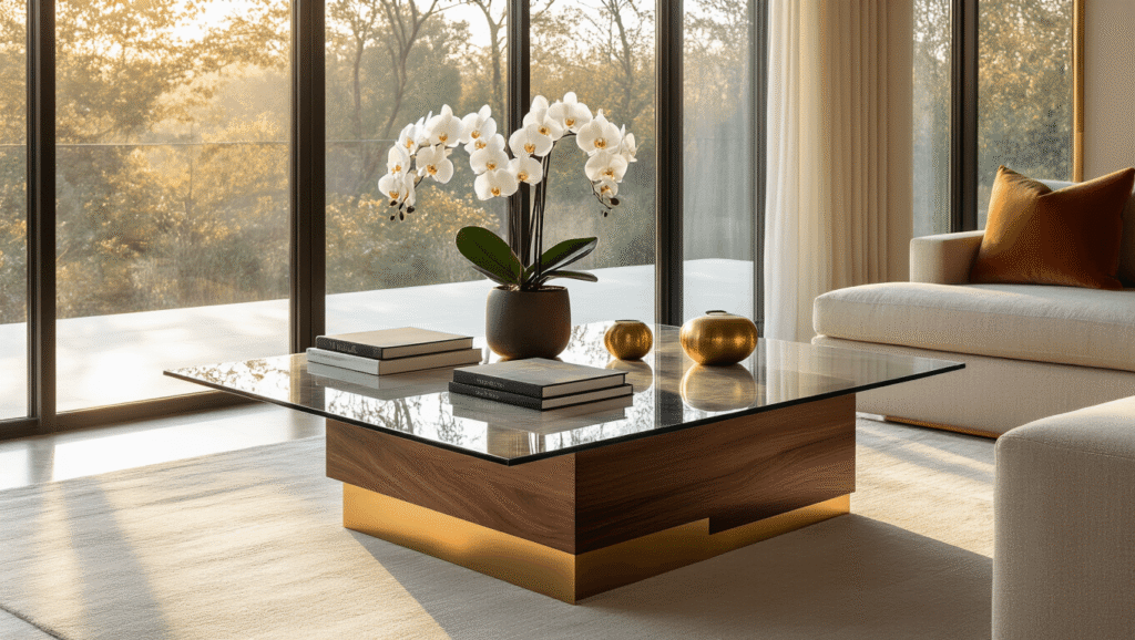 Contemporary Coffee Tables: Your Complete Guide to Finding the Perfect Modern Centerpiece Cinematic wide-angle shot of a contemporary coffee table with mixed materials, featuring glass, brass, and walnut wood, styled with fresh orchids and design books, illuminated by golden hour light in a modern living room.