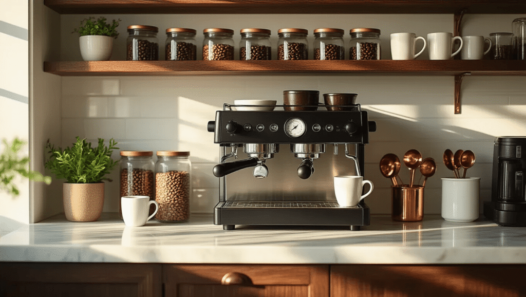 Transform Your Kitchen Corner: Creating the Perfect Corner Coffee Bar for Your Daily Ritual Cinematic close-up of an organized corner coffee bar featuring a sleek black espresso machine, glass containers of coffee beans, white ceramic mugs, and a marble countertop, illuminated by warm morning light with rich textures and a cozy atmosphere.