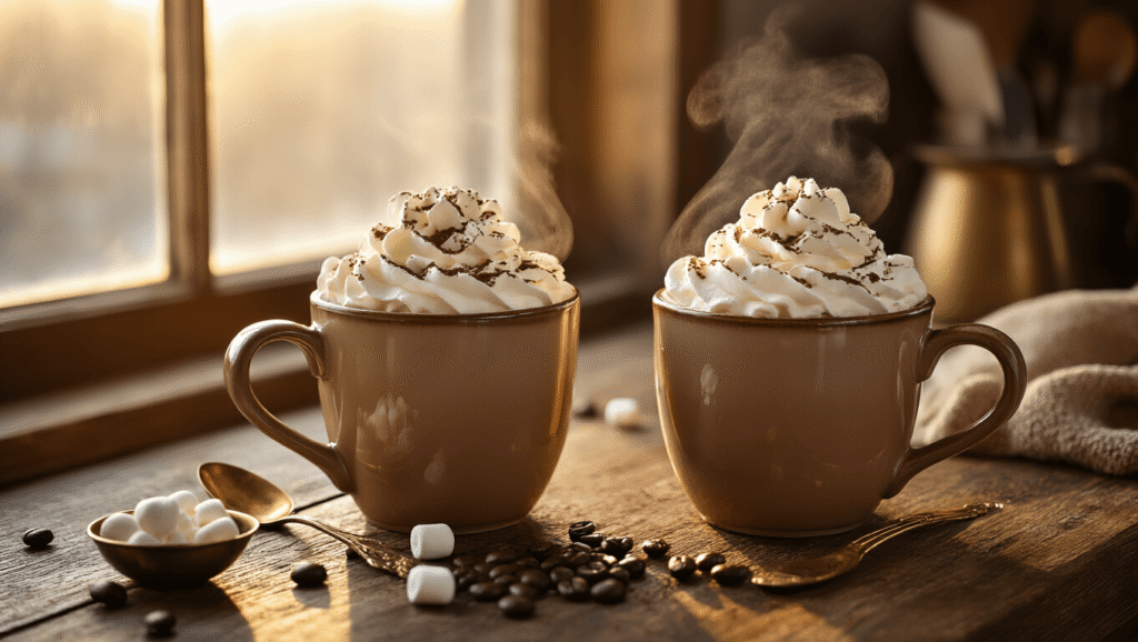 Coffee Hot Chocolate: The Ultimate Mocha Drink You Can Make at Home Aerial view of two steaming ceramic mugs filled with coffee hot chocolate topped with marshmallows and whipped cream, on a rustic wooden counter adorned with chocolate shavings and coffee beans, bathed in warm golden hour light.