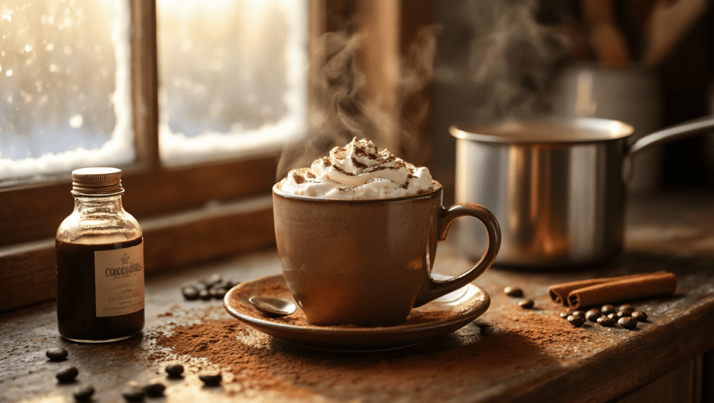 Cozy Winter Mocha Recipe: Rich Chocolate Espresso Drink You'll Actually Make Close-up of a rich chocolate mocha in a ceramic mug, topped with whipped cream and cocoa powder, set on a rustic wooden counter illuminated by warm morning light. Surrounding elements include a cinnamon stick, coffee beans, and a stainless steel saucepan, all contributing to a cozy winter kitchen ambiance.
