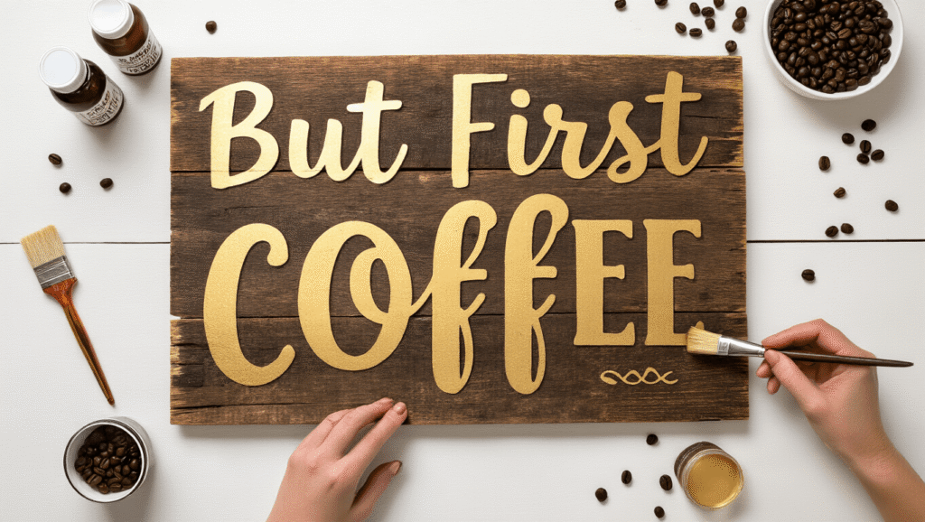 DIY Coffee Bar Signs That'll Make Your Kitchen the Envy of Every Guest Overhead shot of a rustic DIY coffee bar sign creation process on a clean white surface, featuring distressed wood, gold vinyl letters spelling "But First Coffee", paint bottles, brushes, Mod Podge, and scattered coffee beans, highlighted by warm golden hour lighting.