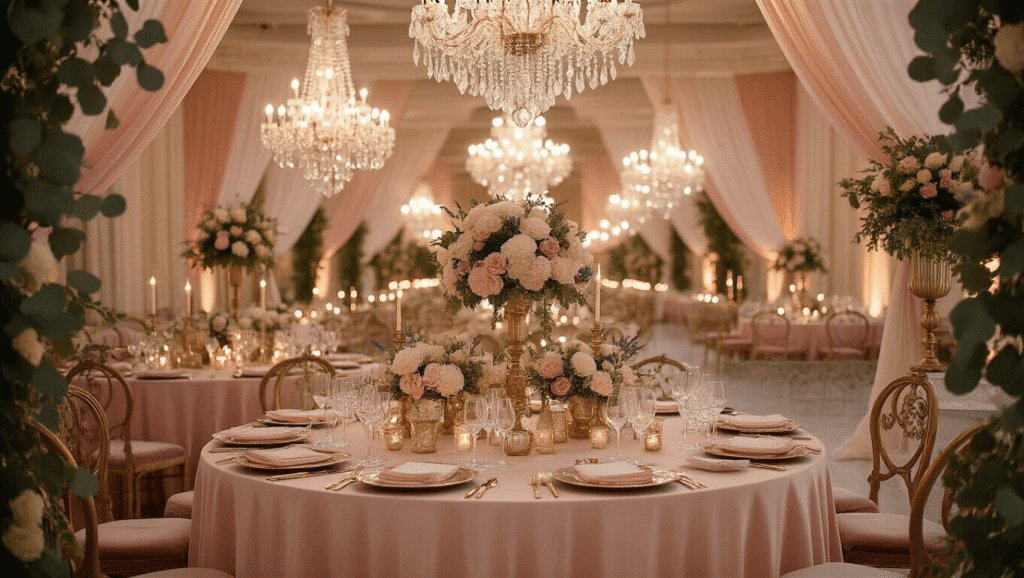 Detailed Instructions for Writing a Home Decor Article Elegant ballroom decorated for a dreamy celebration, featuring blush silk-draped tables, ivory floral centerpieces, and sparkling crystal chandeliers, all illuminated by warm ambient lighting.