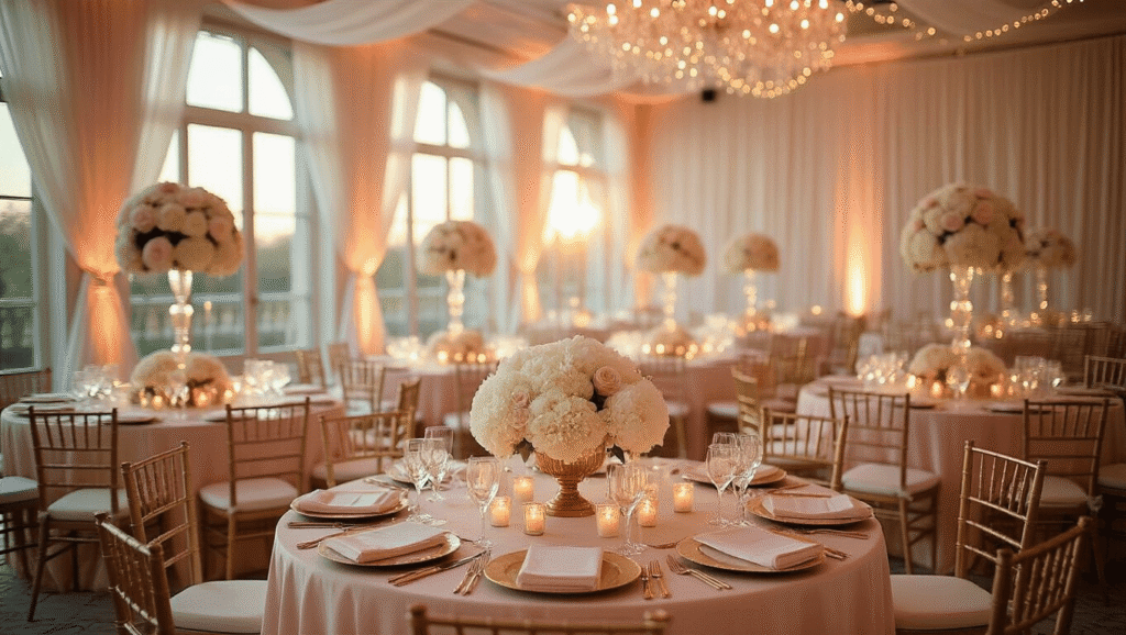 Instructions for Creating a Home Decor Article Elegant ballroom wedding reception with blush pink linens, white peony centerpieces, gold chiavari chairs, and warm candlelight, creating a romantic atmosphere during golden hour.