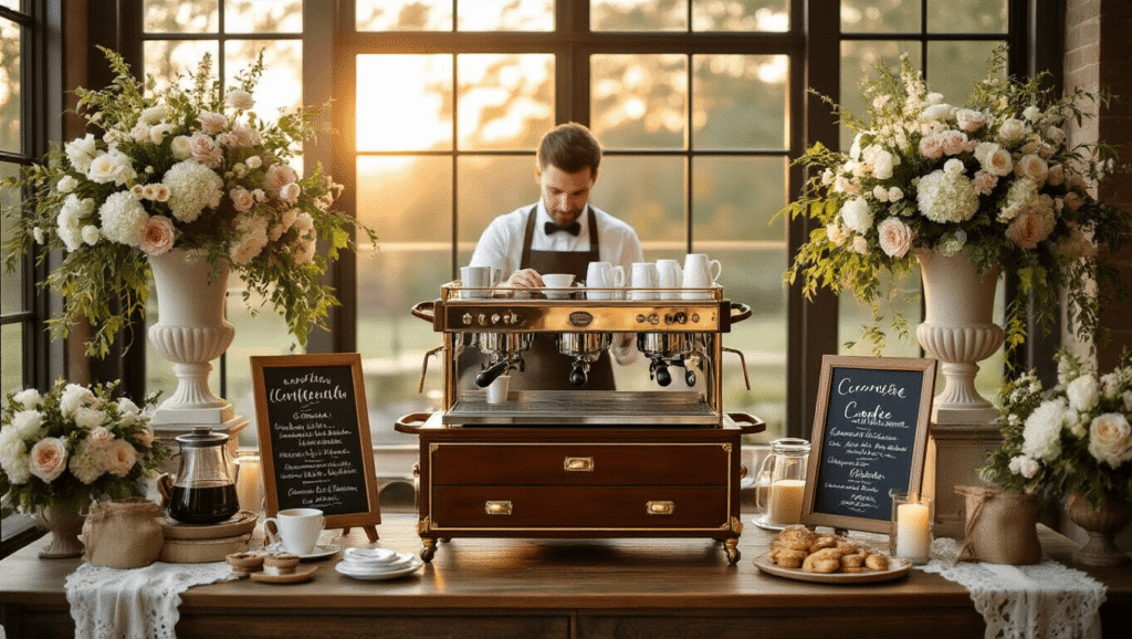 Creating the Perfect Wedding Coffee Bar: Your Complete Guide to Caffeinated Celebration Elegant wedding coffee bar with polished mahogany espresso cart, lush floral arrangements, warm golden hour lighting, and intimate ambiance from candlelight.