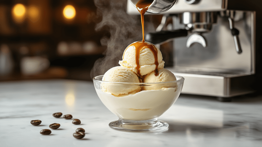 Espresso Affogato: The 2-Ingredient Italian Dessert That Takes 60 Seconds Cinematic overhead view of vanilla gelato in a clear glass bowl, with hot espresso being poured over it, creating a dramatic contrast on a white marble countertop, evoking Italian café sophistication.