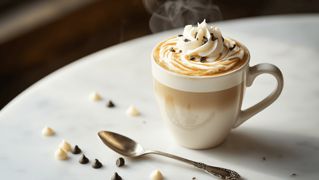 Espresso Snowflake Latte – Creamy White Chocolate Winter Coffee Cinematic overhead view of an elegant ceramic latte mug on a white marble surface, showcasing a layered espresso snowflake latte with white chocolate milk, topped with whipped cream and white chocolate shavings, surrounded by white chocolate chips and a vintage silver spoon, all bathed in warm, soft lighting.