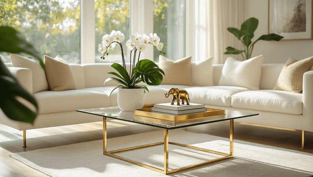 How to Style a Glass Coffee Table That Doesn't Look Empty or Cluttered Elegant glass coffee table styled with a brass tray, coffee table books, a brass elephant figurine, monstera plant, and fresh orchids in a modern living room with warm morning light and a cozy cream sectional sofa.