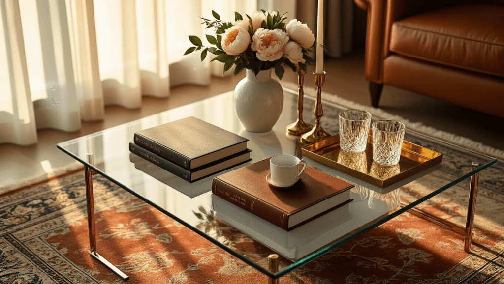 Glass Top Coffee Tables: Why I'm Obsessed with This Space-Saving Furniture Game-Changer Cinematic overhead view of an elegant glass coffee table styled with leather-bound books, a white vase of peonies, brass candlesticks, and crystal glasses, illuminated by warm golden hour light, with a luxurious Persian rug beneath and soft shadows enhancing the modern living room's ambiance.