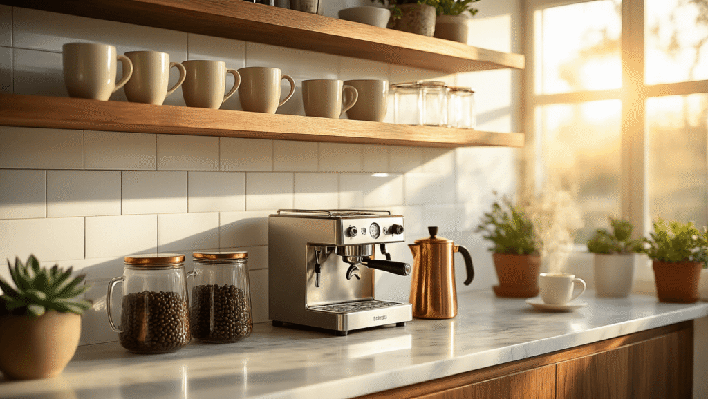 Transform Your Kitchen into a Coffee Lover's Paradise with Floating Shelves Cinematic golden hour light illuminates walnut floating shelves with vintage ceramic mugs, a stainless steel espresso machine, and a copper French press on a marble countertop, creating a warm, inviting coffee bar atmosphere with rich wood textures and sleek metal surfaces.