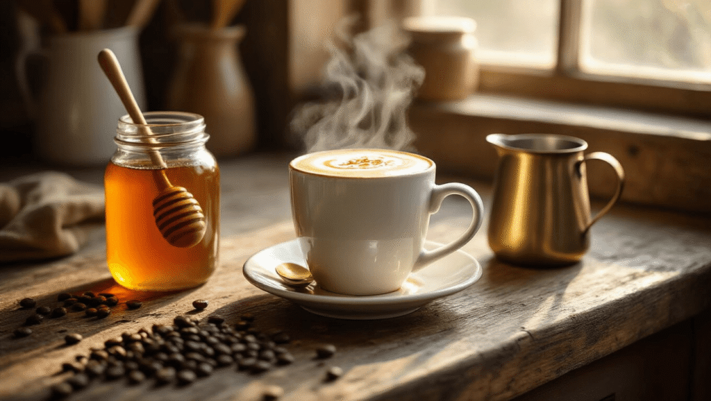 Honey Vanilla Latte Recipe: The Sweet Coffee Shop Classic You Can Make at Home Cinematic overhead view of a honey vanilla latte preparation on a rustic wood counter, featuring a steaming white mug of espresso and honey, amber honey jar with a dipper, vanilla extract bottle, and a milk pitcher with microfoam, all illuminated by warm morning light with coffee beans scattered around.