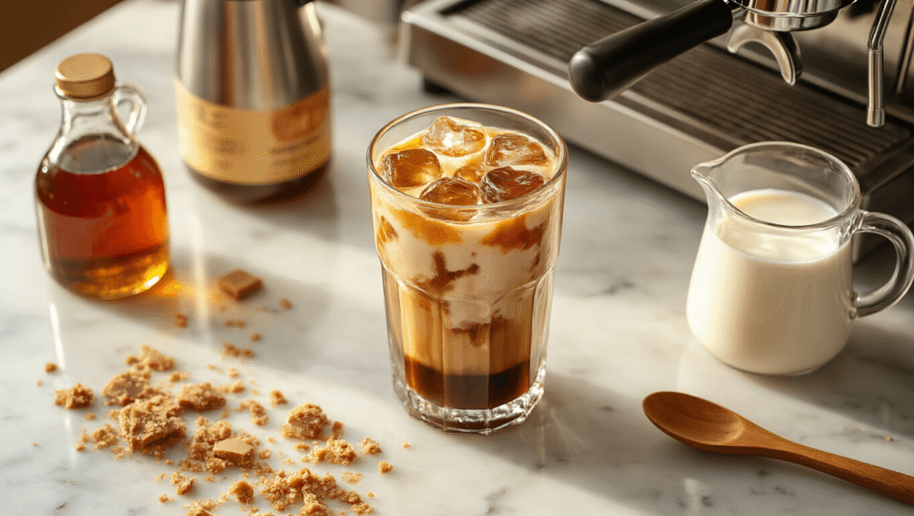 Iced Toffee Coffee Recipe: Buttery Sweet Coffee Heaven Cinematic overhead shot of a marble kitchen counter showcasing a tall glass filled with ice, dark espresso shots, an amber toffee syrup bottle, a cold milk pitcher, and scattered toffee pieces, all bathed in warm morning light, with a steaming espresso machine in the background.