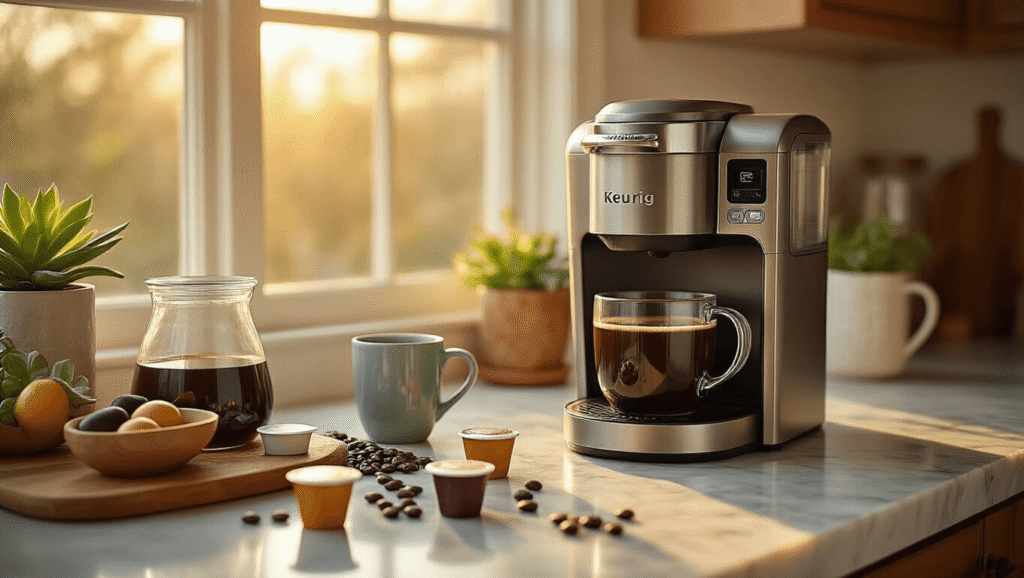 The Keurig K-Duo Coffee Maker: Your Ultimate Solution for Single Cups and Full Pots Elegant Keurig K-Duo coffee maker on a marble countertop, golden hour sunlight illuminating colorful K-Cup pods and a glass carafe of dark coffee, with ceramic mugs and fresh coffee beans, creating a cozy kitchen ambiance.