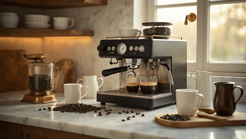 Transform Your Kitchen Corner Into the Ultimate Coffee Haven Elegant kitchen coffee corner featuring a marble countertop, professional espresso machine, glass bean containers, and warm golden hour lighting with steam rising from freshly brewed coffee.