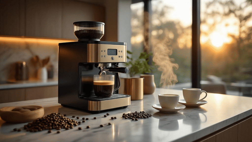 Built-In Coffee Makers: My Journey From Kitchen Chaos to Caffeinated Bliss Cinematic wide-angle shot of a luxurious built-in coffee maker in a modern kitchen, showcasing espresso beans, a steaming milk frother, polished marble countertops, and elegant porcelain cups, all illuminated by warm golden hour lighting.