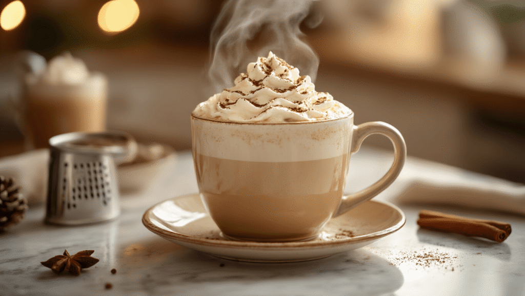 Mocha Eggnog Latte Recipe: The Ultimate Holiday Coffee Drink Cinematic close-up of a steaming mocha eggnog latte in an elegant ceramic mug on a marble countertop, topped with whipped cream, nutmeg dusting, and a cinnamon stick, surrounded by warm golden kitchen lighting and festive holiday ambiance.