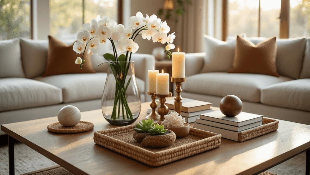 Master the Art of Coffee Table Styling: Your Guide to Creating Instagram-Worthy Displays A modern coffee table styled with varied heights, featuring a tall glass vase with white orchids, medium brass candlesticks, and a stack of leather-bound books with a succulent, all arranged on a natural woven tray with coral pieces. Soft golden hour lighting fills the cozy living room, highlighting rich textures and a mix of glossy ceramics, rough coasters, and plush sofas.