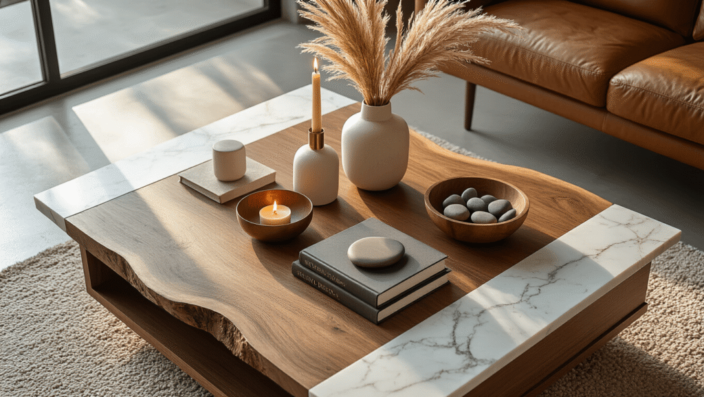 How to Choose the Perfect Trendy Coffee Table That'll Make Your Living Room Pop Cinematic overhead shot of a modern coffee table styled with walnut wood, white marble accents, brass candleholders, pampas grass vase, leather-bound books, and river stones, illuminated by soft golden hour light.