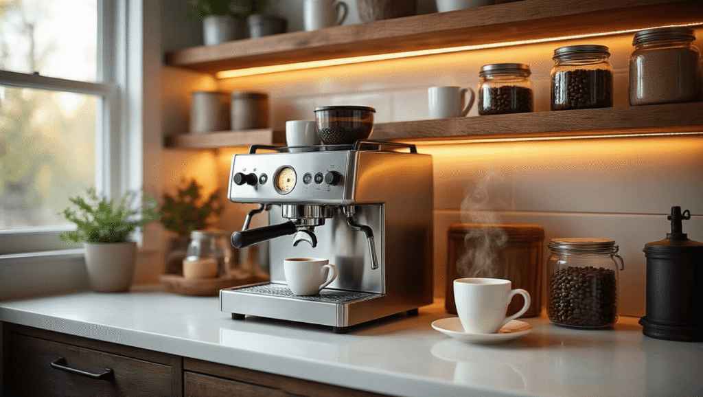 Transform Your Kitchen: The Ultimate Guide to Creating a Stunning Countertop Coffee Bar Close-up of a stylish modern coffee bar showcasing a stainless steel espresso machine, organized coffee accessories, and warm golden hour lighting, creating a cozy atmosphere.