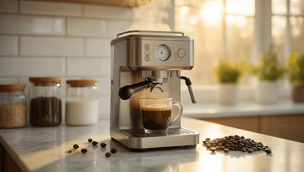 The Ultimate Guide to Combination Espresso and Coffee Makers: Your Kitchen's New Best Friend Modern kitchen counter with a dual-function espresso maker, marble surface, and morning light; features a ceramic cup of espresso, scattered coffee beans, and gleaming milk frother.