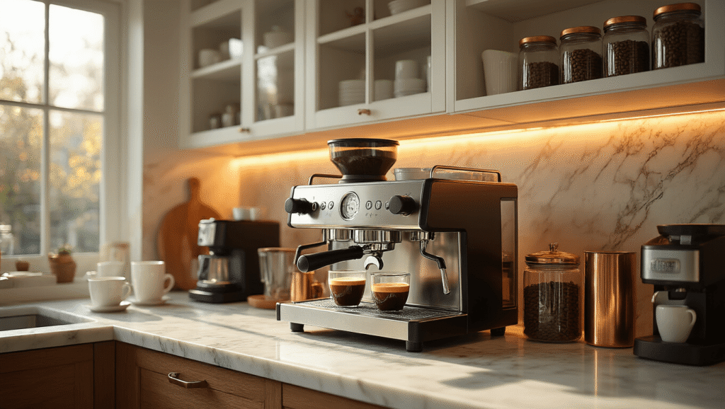 Transform Your Kitchen Into a Café: How to Create the Perfect Coffee Machine Station A modern kitchen coffee station featuring a gleaming espresso machine and marble countertops, with coffee beans in glass canisters, warm LED lighting, and morning sunlight creating an inviting café ambiance.