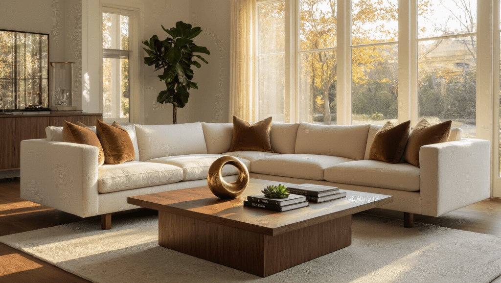 Low Coffee Tables: The Secret to Making Your Small Living Room Feel Like a Palace Cinematic view of a modern living room with a low walnut coffee table, cream sectional sofa, and warm golden hour light casting shadows on hardwood floors, accented by a brass sculpture and a small succulent.