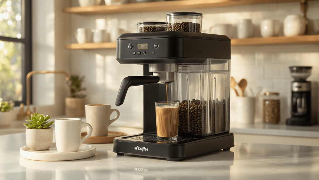 Transform Your Kitchen Into a Coffee Shop Paradise: My Journey with the Mr. Coffee Frappe Maker Sleek black Mr. Coffee frappe maker on a white marble countertop, highlighted by warm morning light; includes Tritan blender jar, dual-sided measuring scoop, clear containers of coffee beans, and white ceramic mugs on a marble tray, surrounded by organized kitchen accessories and a small succulent plant.