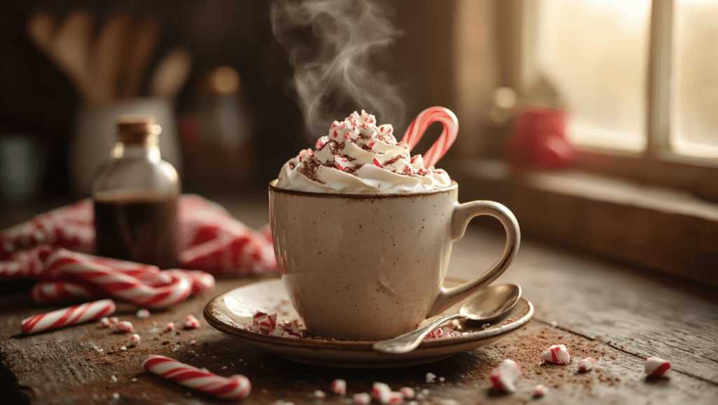 Creamy Peppermint Coffee: The Holiday Drink That Takes 10 Minutes Close-up of steaming peppermint coffee in a ceramic mug with whipped cream, crushed candy cane pieces, and cocoa powder on a rustic wooden counter, bathed in warm morning light, with a vintage spoon and peppermint extract softly blurred in the background.