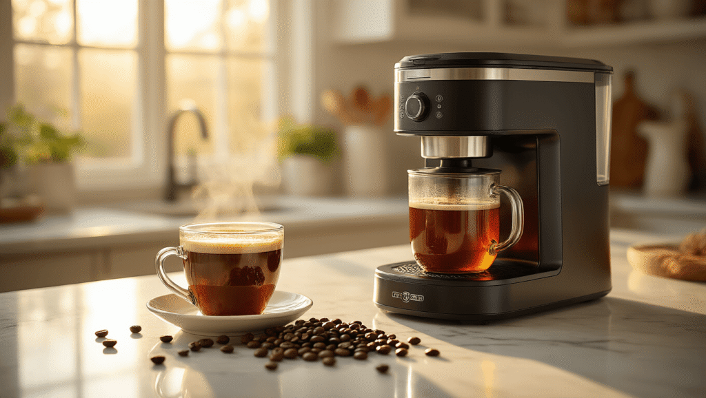 The Best Grind and Brew Coffee Maker: My Journey From Bitter Mornings to Café-Quality Bliss Cinematic close-up of a premium grind-and-brew coffee maker on a marble countertop, with warm morning light, steam rising from a brewed cup, scattered coffee beans, and a glass carafe of rich amber coffee, evoking an inviting kitchen atmosphere.