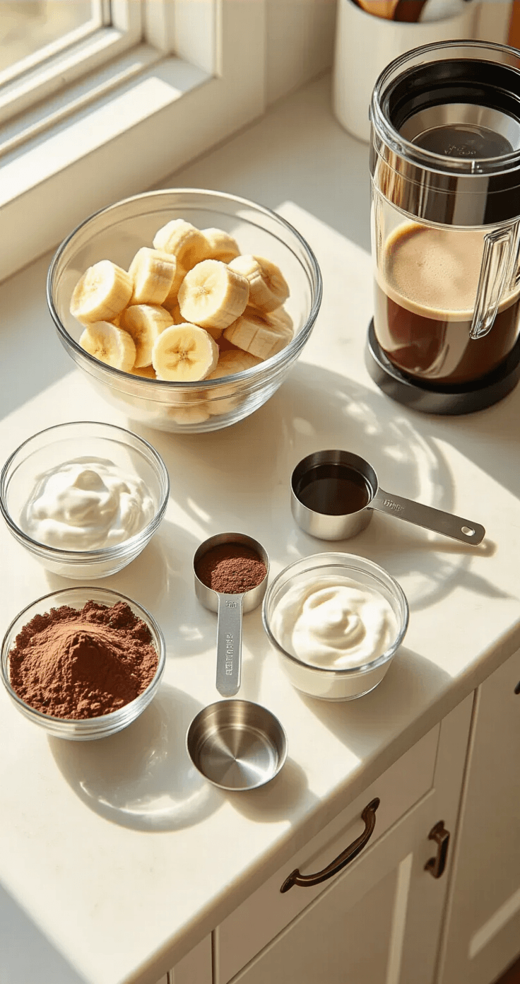 Mocha Smoothie Bowl Recipe: Your 5-Minute Coffee Shop Breakfast at Home A professional overhead shot of a modern kitchen counter displaying organized ingredients for a smoothie, including frozen banana slices, dark cocoa powder, creamy Greek yogurt, and cold brew coffee, with a high-powered stainless steel blender and natural lighting creating soft shadows.