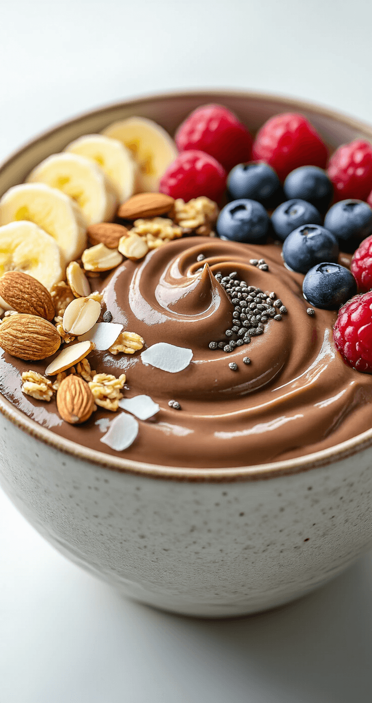 Mocha Smoothie Bowl Recipe: Your 5-Minute Coffee Shop Breakfast at Home Cinematic close-up of an elegant ceramic bowl filled with a thick chocolate-coffee smoothie, topped with golden sliced almonds, fresh banana rounds, mixed berries, crunchy granola, and coconut flakes, all accentuated by glistening chia seeds and soft diffused lighting.