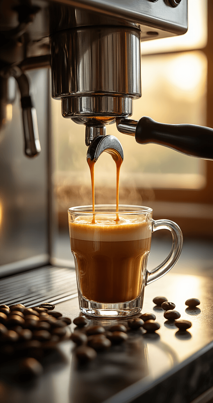 Iced Espresso Macchiato: The Only Guide You'll Ever Need Cinematic close-up of golden espresso shots with rich caramel crema flowing into a clear glass cup, steam rising in soft morning light, glossy coffee beans on dark marble, and warm amber lighting.