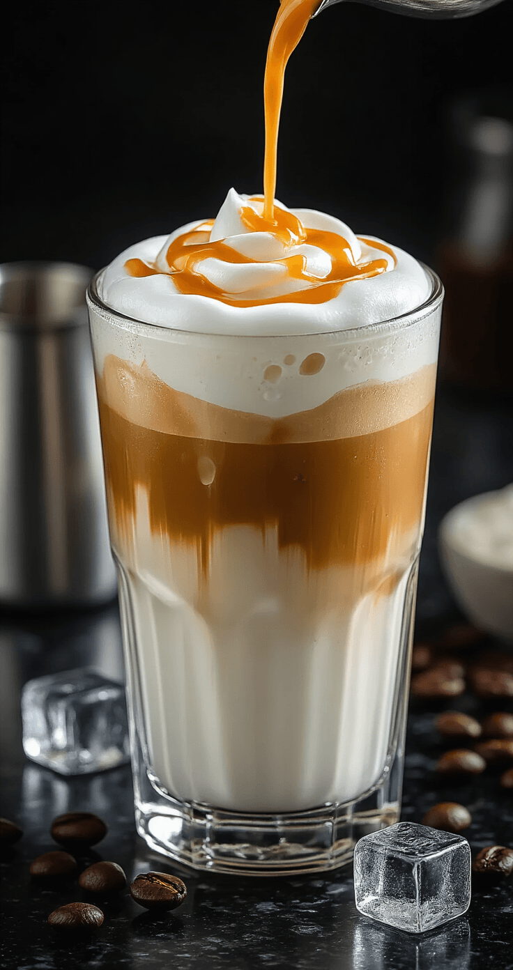 Iced Espresso Macchiato: The Only Guide You'll Ever Need Overhead view of a tall glass with ice cubes and pearl-white milk, as golden espresso creates caramel layers, against a dark granite counter with coffee equipment in the background, highlighted by dramatic side lighting.