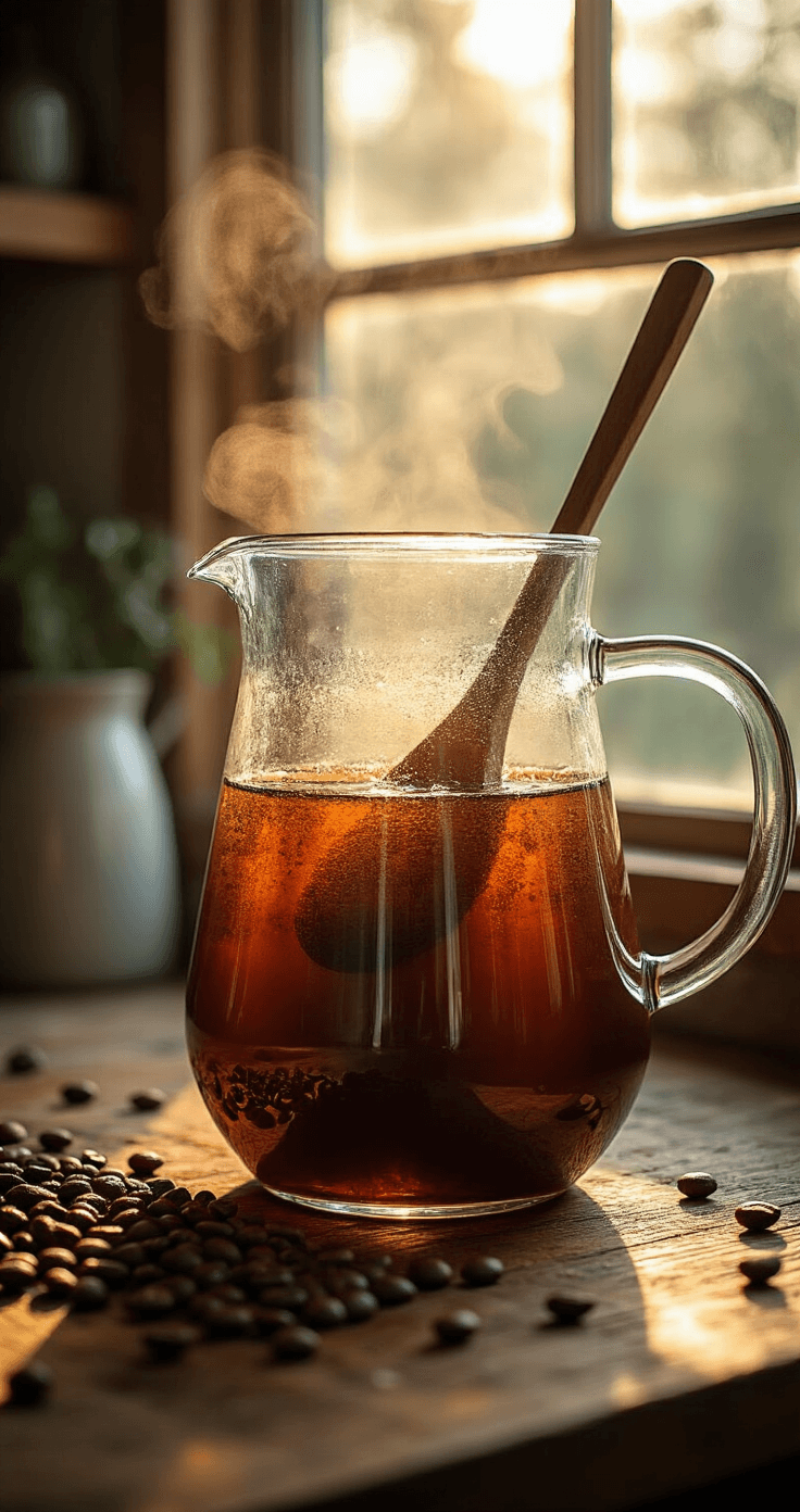 Vanilla Sweet Cream Cold Brew: The Copycat Recipe That'll Save You $5 Every Morning A glass pitcher filled with dark brown coffee grounds submerged in clear water sits on a rustic wooden countertop, illuminated by golden hour sunlight. Steam rises gently from the coffee, and a wooden spoon rests on the pitcher’s rim, surrounded by scattered coffee beans.