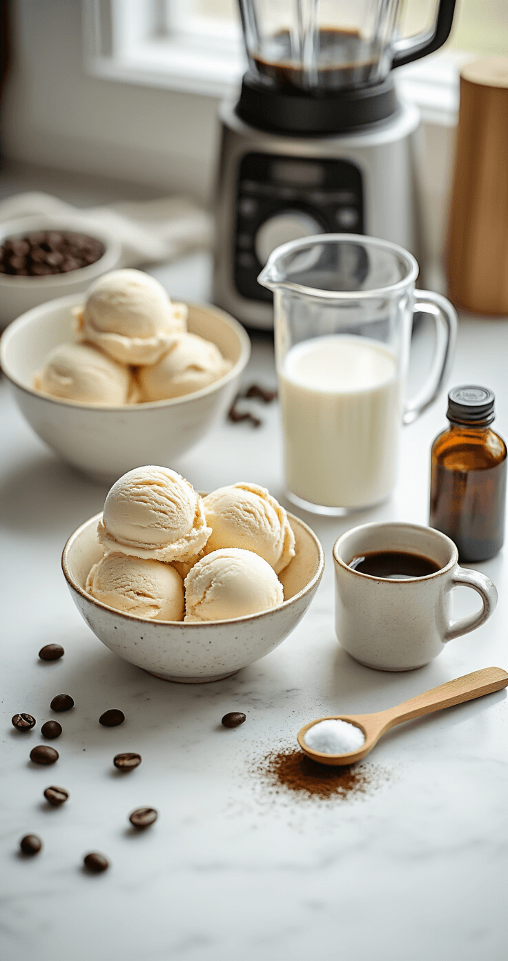 Coffee Milkshake: The 5-Minute Café Treat You Can Make at Home Overhead flat lay of coffee milkshake ingredients on a white marble countertop, featuring vanilla ice cream in a vintage bowl, steaming coffee mixture in a ceramic cup, measuring cup of milk, vanilla extract, sugar on a wooden spoon, and scattered coffee beans, with a warm kitchen ambiance blurred in the background.