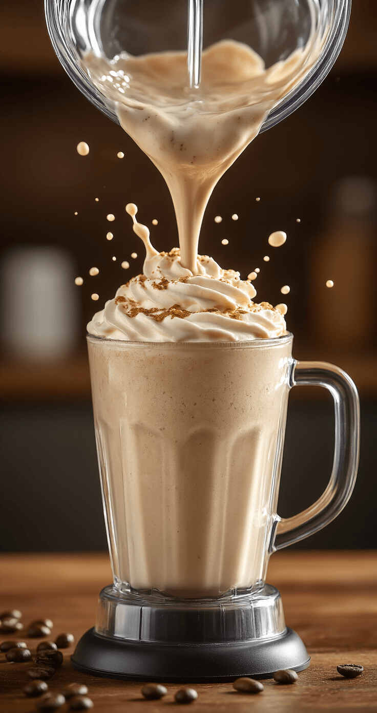 Coffee Milkshake: The 5-Minute Café Treat You Can Make at Home Dynamic close-up of a high-powered blender in action, showcasing a creamy coffee milkshake mixture swirling inside a glass pitcher, with side lighting highlighting its rich caramel color and smooth texture.